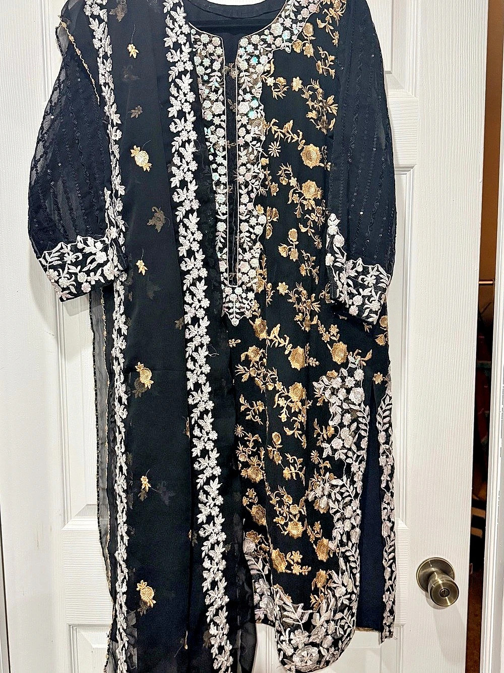 Pakistani elegent black chiffon shirt and dupatta with heavy embroidery and sequ